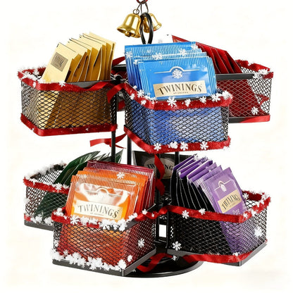 Eight-Basket Rotating Tea Bag Organizer with Black Mesh Carousel, 9.4-Inch Height and 4.5-Inch Base