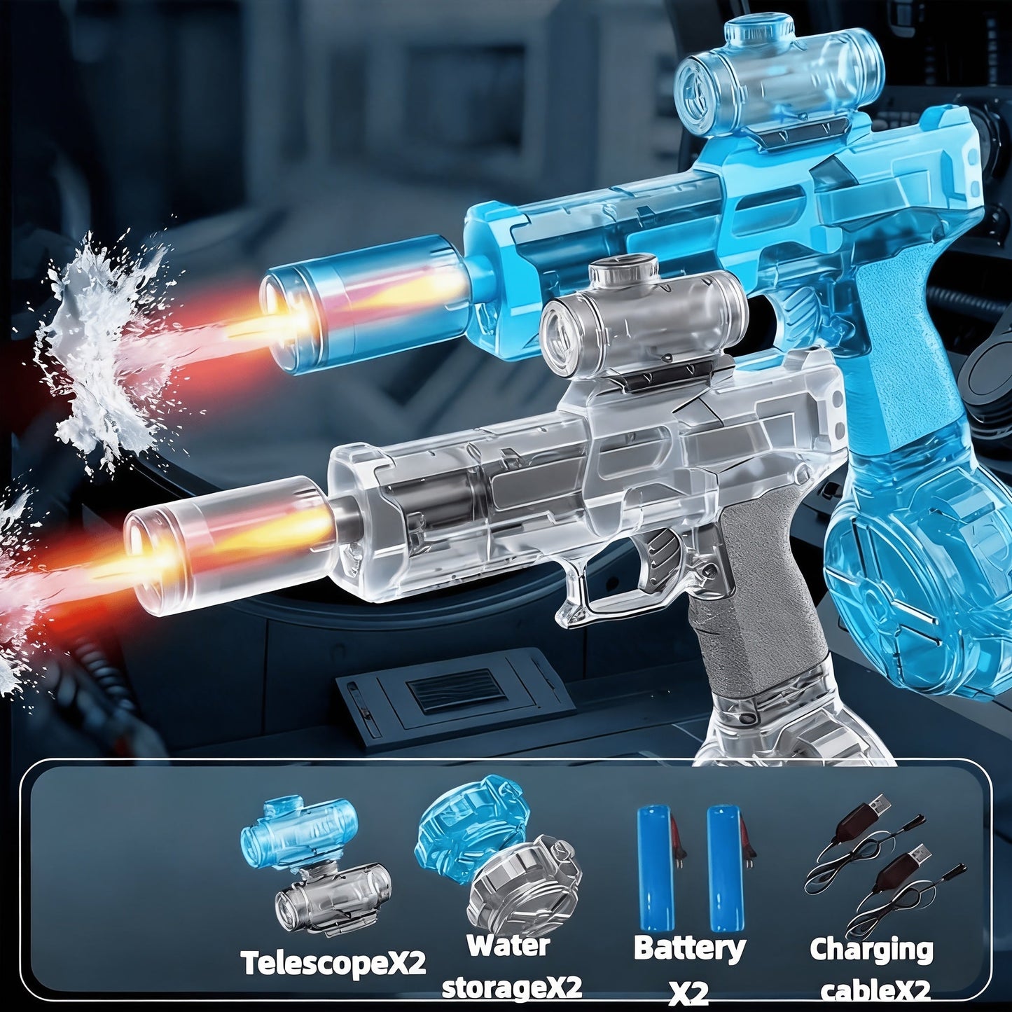 Two-Piece Electric Water Blaster Set with Lighted Sights, Rechargeable Batteries and Three Pairings