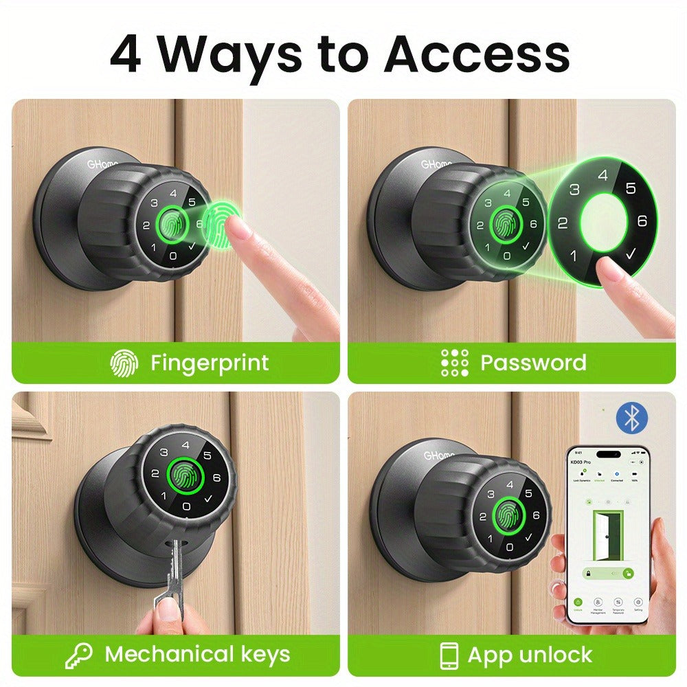 GHome KD03 PRO Smart Door Knob 4-in-1 with USB-C Charging & Gateway Remote – Fingerprint, Keypad & App, Anti-Peep, Tamper Alarm