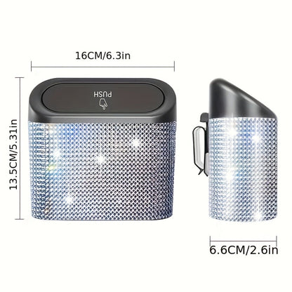Rhinestone Push-Lid Car Trash Bin with Two Liner Bags, Black or Silver Finish and 16 cm Width