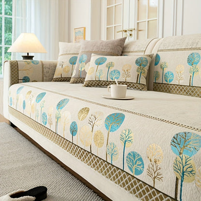 Sofa Cover, Geometric Embroidered Knit Couch Pad in Gray, Blue or White with Three Size Options