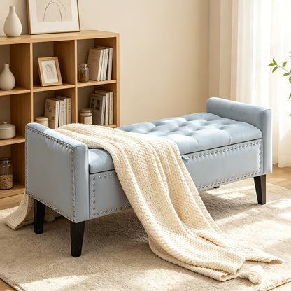 Storage Ottoman shown in the Dusty Blue option