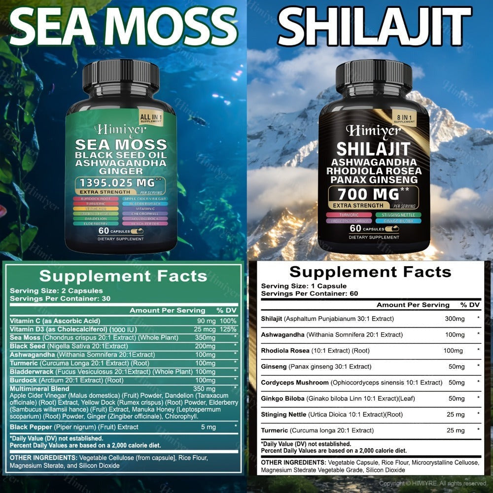 Dietary Supplement Six-Bottle Bundle with Himiyer Label, Sea Moss and Shilajit 60-Capsule Formulas