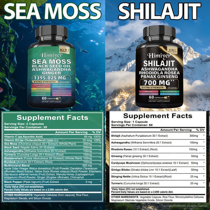 Dietary Supplement Six-Bottle Bundle with Himiyer Label, Sea Moss and Shilajit 60-Capsule Formulas