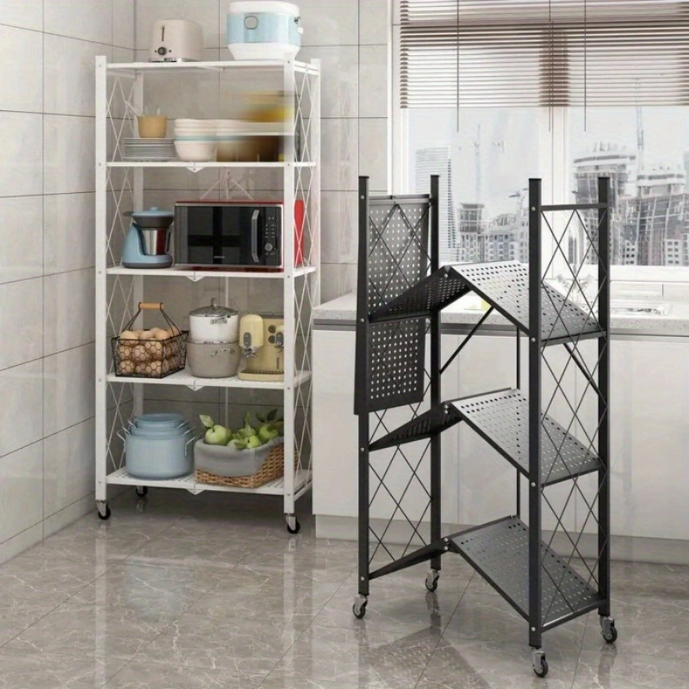 Three-to-Five-Tier Wheeled Storage Rack with Foldable Shelves and Black or White Configurations