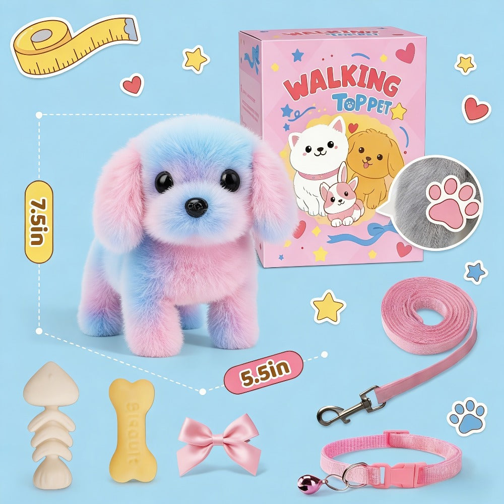 Walking Barking Electric Plush Puppy Toy That Walks Wags Tail & Barks, Realistic Interactive Pet Dog with Leash Bone Bow Tie