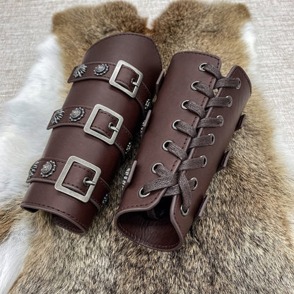 Viking Medieval Leather Arm Guards Bracers – PU Leather Knight Gauntlets Adjustable Metal Buckles Rivets for Men Women Halloween Cosplay