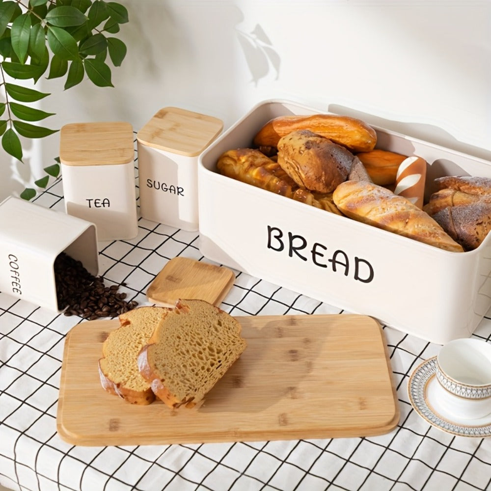 Bread Box with 3 Jars Set for Kitchen Countertop, Metal Bread Box with Bamboo Board Cover, Coffee Sugar Tea Canisters