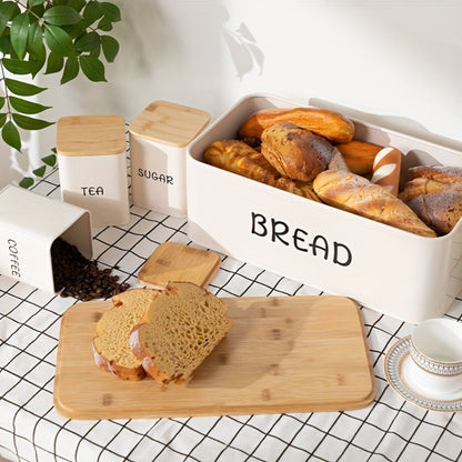 Bread Box with 3 Jars Set for Kitchen Countertop, Metal Bread Box with Bamboo Board Cover, Coffee Sugar Tea Canisters
