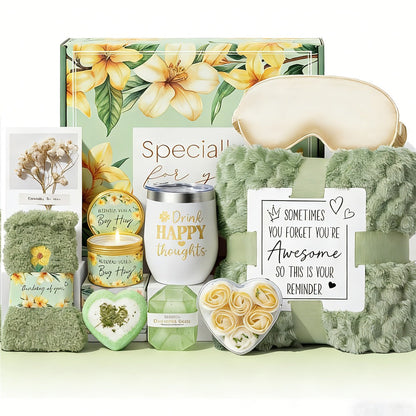 Self-Care Gift Basket for Women - Vanilla Coconut Spa Set with Cozy Blanket, Relaxing Gift for Mom Sister Friend Wife Grandma