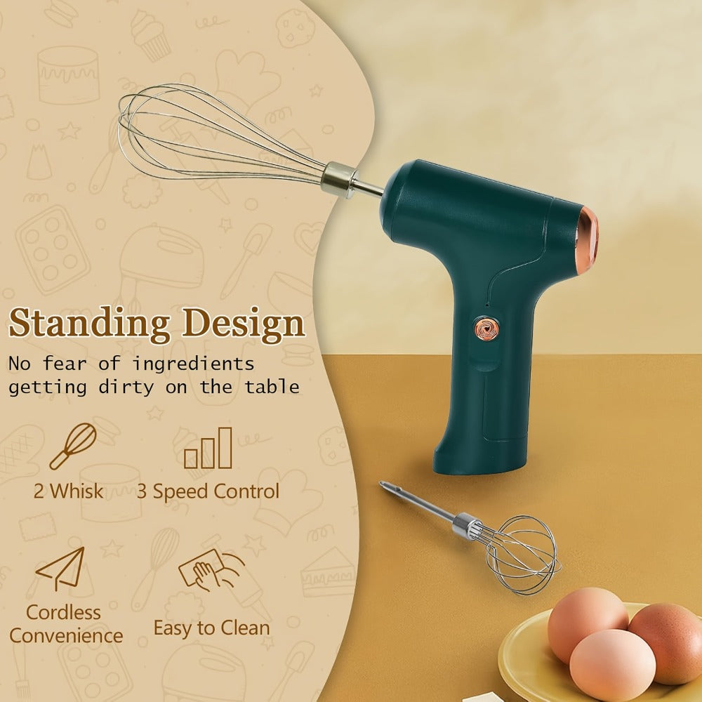 Electric Hand Mixer Cordless USB Rechargeable, 304 Stainless Steel Whisk 3-Speed Settings for Home Cooking, Dining and Outdoor Meals