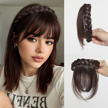 Hair Extensions Synthetic Braided Headband with 4-Inch Bangs, 55g Weight and Four Color Options