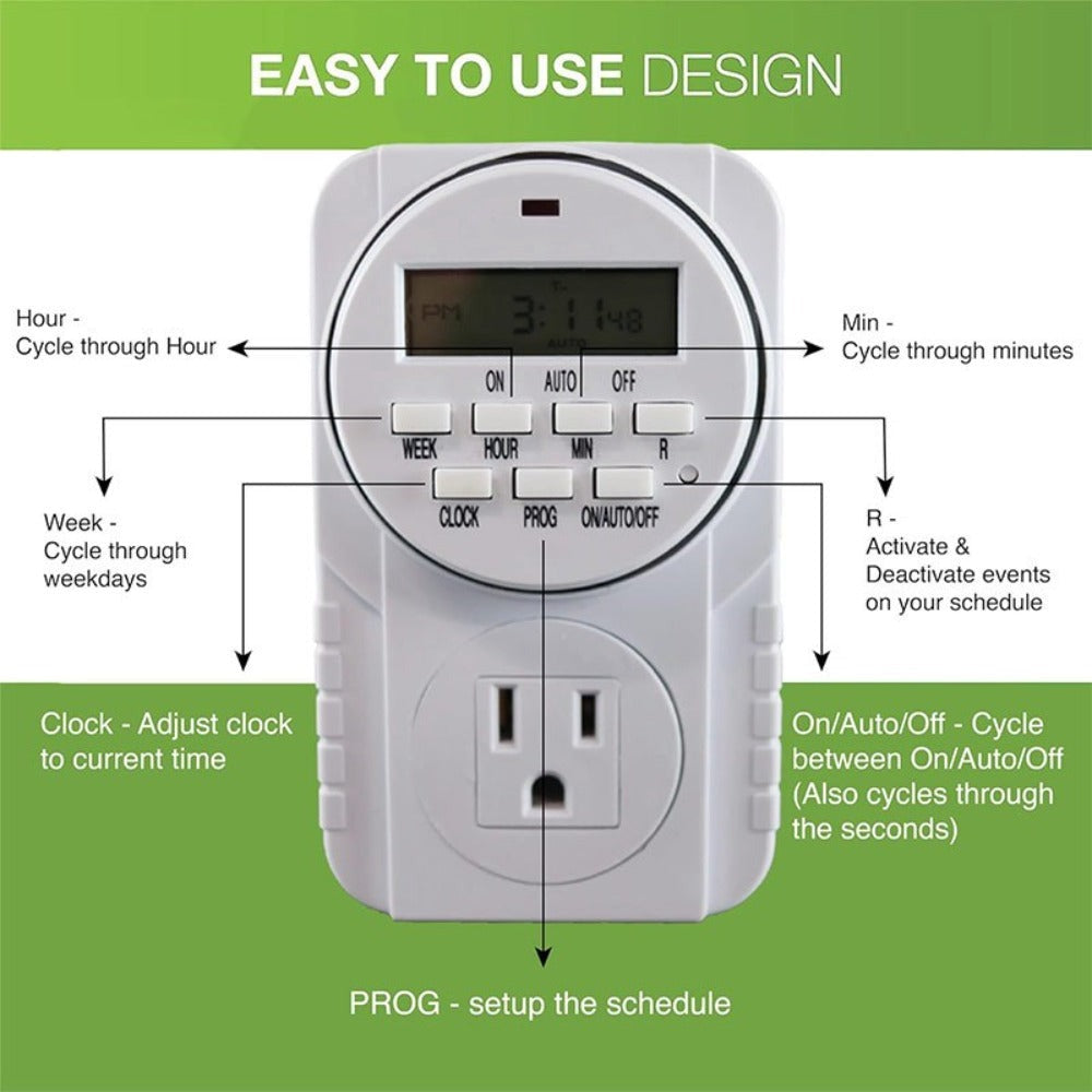 7-Day Digital Programmable Timer with Dual Outlet - Indoor Electric Timer for Hydroponics, Lamp, Light