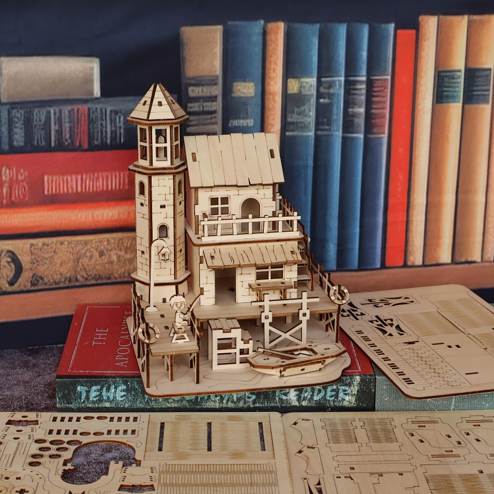 Wooden Building Model Kit with Fisherman's Hut, Treehouse-2 or Cowboy Bar Checkout Designs