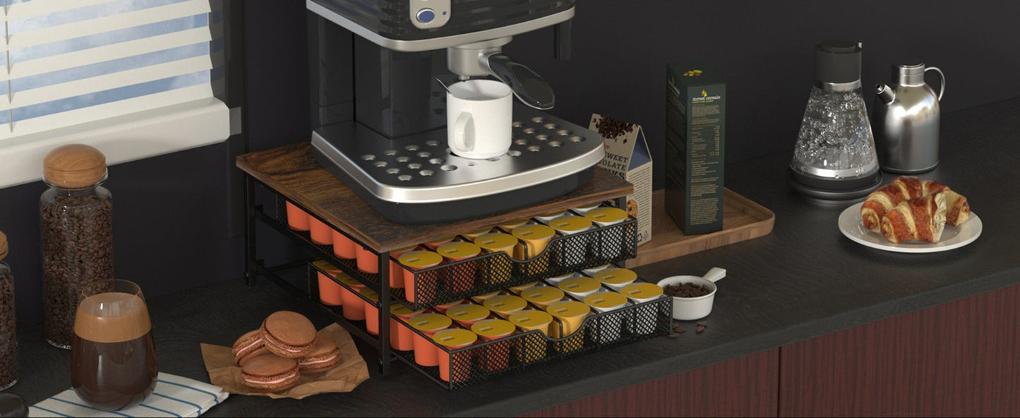 K-Cup Coffee Pod Holder 72 Capacity – 2-Tier Sliding Drawer Coffee Pod Organizer with Wood Top & Metal Frame, Non-Slip Base