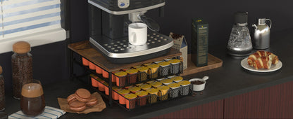 K-Cup Coffee Pod Holder 72 Capacity – 2-Tier Sliding Drawer Coffee Pod Organizer with Wood Top & Metal Frame, Non-Slip Base