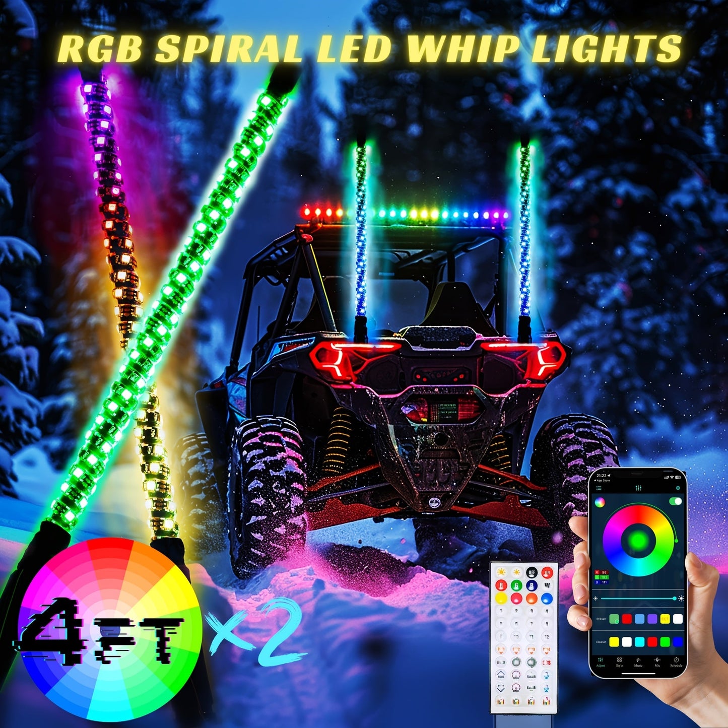 RGB LED Whip Lights for UTV ATV – 1ft/2ft/3ft/4ft Spiral Color Changing Neon Light Whips with Remote & App Control, Music Sync