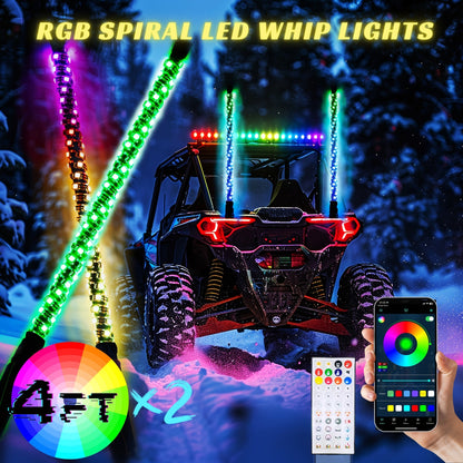 RGB LED Whip Lights for UTV ATV – 1ft/2ft/3ft/4ft Spiral Color Changing Neon Light Whips with Remote & App Control, Music Sync