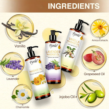 Massage Oil Set 3pcs Roller Ball, Vanilla Arnica & Lavender Essential Oils Moisturizing Body Massage Kit