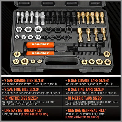 Thread Repair Kit 48-Piece – UNF UNC & Metric Tap and Die Rethreading Set, SAE & Metric Thread Chaser for Bolt & Nut Repair