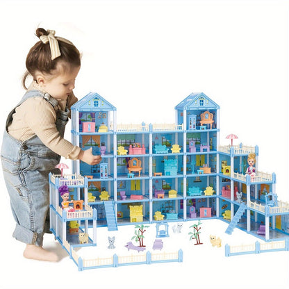 Princess Doll House Castle with Furniture & Accessories, Pink or Blue Mini Villa Playset 14 to 27 Rooms