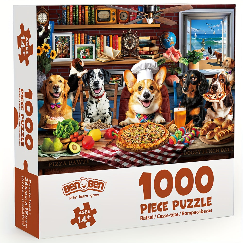 Dogs Dinner Party Jigsaw Puzzle 500 & 1000 Pieces for Adults – Funny Dog Art Puzzle with Letters on Back & Reference Poster