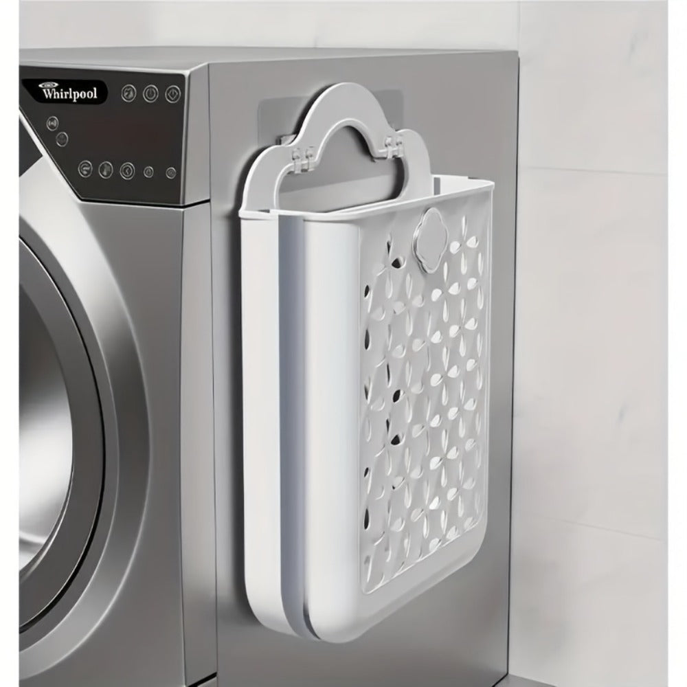 White Wall-Mounted Foldable Laundry Basket with Cutout Panels, Carry Handle and 39 cm Height