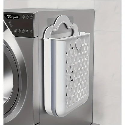 White Wall-Mounted Foldable Laundry Basket with Cutout Panels, Carry Handle and 39 cm Height