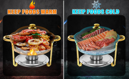 Golden Chafing Dish Buffet Set with Glass Lid 6QT Round Stainless Steel Food Warmer Chafer for Catering Party Dinners Weddings