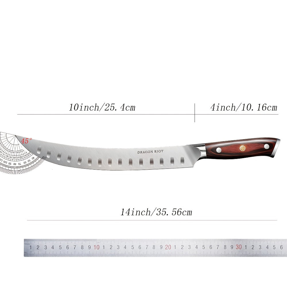 Brisket Carving Knife 10 Inch, High Carbon Steel Granton Edge Slicing Knife, Hand Forged Meat Carving Knife with Wood Handle for BBQ