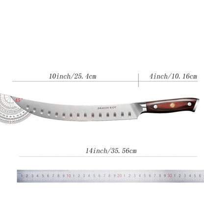 Brisket Carving Knife 10 Inch, High Carbon Steel Granton Edge Slicing Knife, Hand Forged Meat Carving Knife with Wood Handle for BBQ