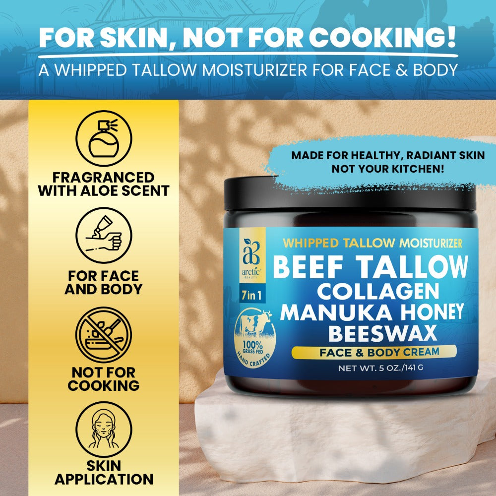 Whipped Beef Tallow Moisturizer – Organic Grass-Fed Face & Body Cream with Manuka Honey, Jojoba Oil, Collagen & Aloe Vera