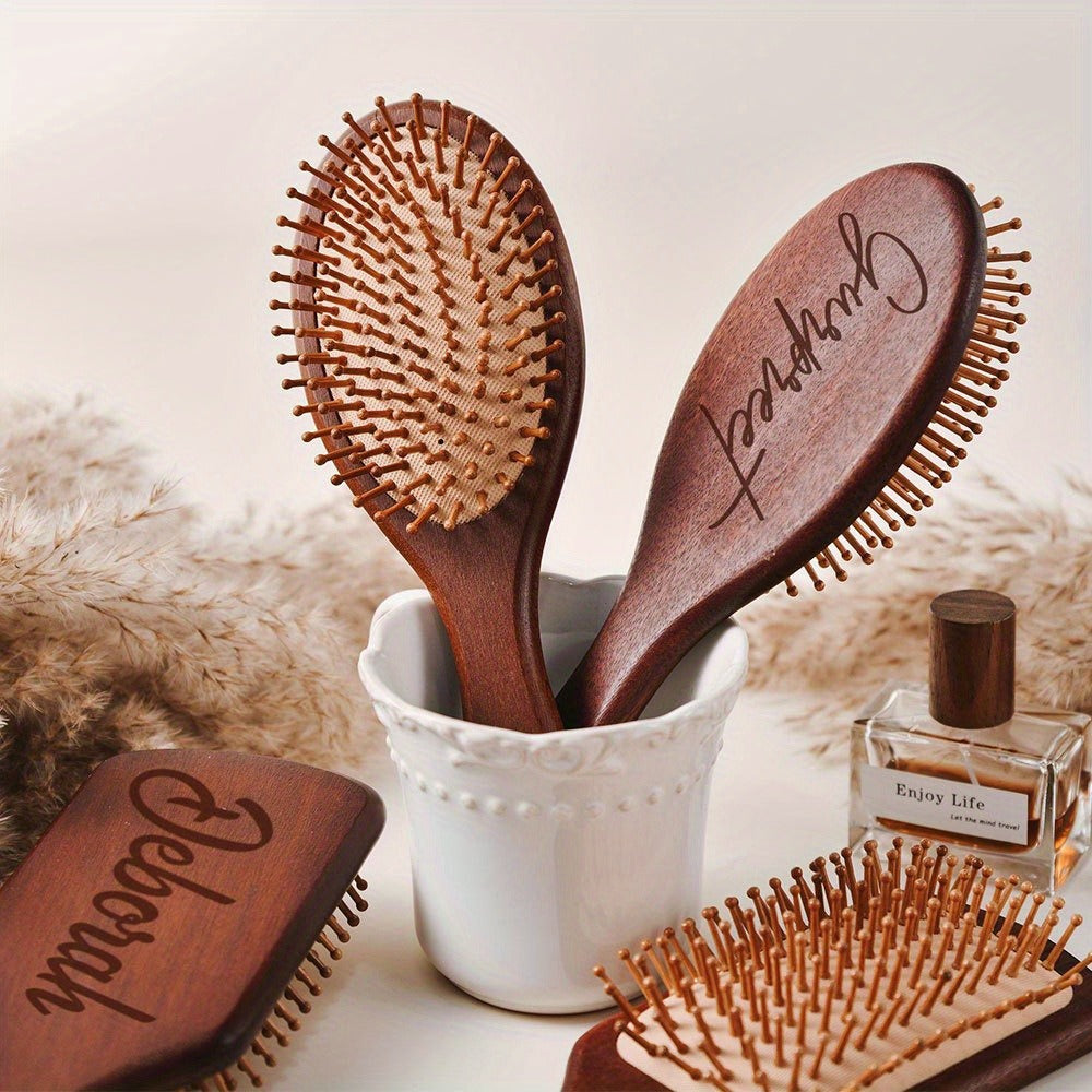 Personalized Engraved Wooden Hairbrush Custom Curly Styling Brush Square Oval Shape Gift, for Home, Travel and Salon Hair Styling