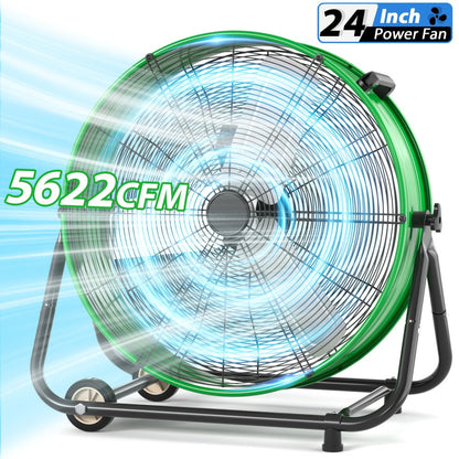 Industrial Drum Fan High Velocity Floor Fan 24 30 Inch, 3-Speed Metal Air Circulator 360 Tilt Casters ETL Listed