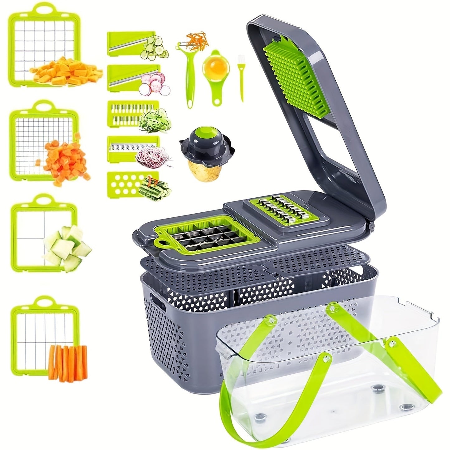 22-in-1 Vegetable Chopper with Gray Container, 13 Blade Inserts, Lemon Squeezer and Egg Separator Accessories