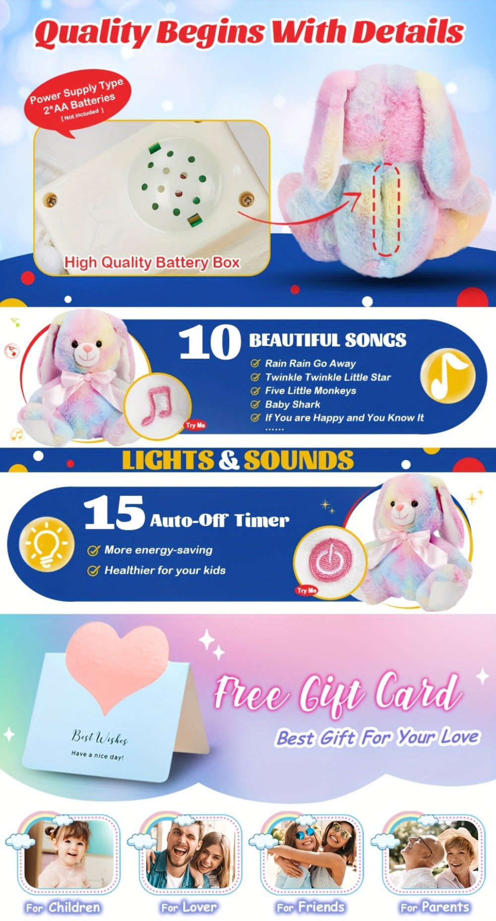 Musical Glowing Bunny Plush Toy 10 Inch, Rainbow Lop Ear Rabbit Stuffed Animal with LED Night Light & Lullaby Music for Toddlers Kids