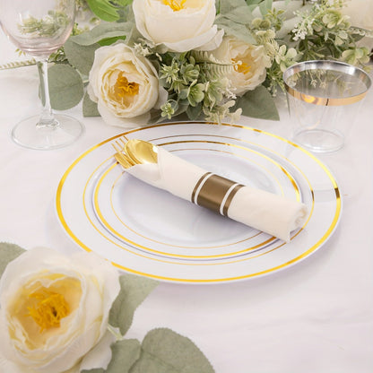 Gold Plastic Plates Disposable Dinnerware Set 350pcs, 50 Dinner Plates, 50 Dessert Plates, 50 Gold Rim 9oz Cups & 50 Gold Cutlery Sets