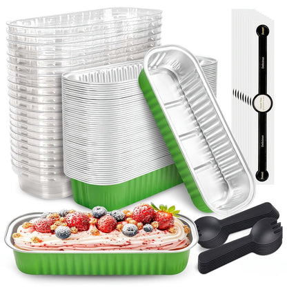 Mini Cake Pans 100 Pack with Lids and Spoons Aluminum Foil Rectangular Disposable Baking Pans for Entryways, Bedrooms and Living Spaces