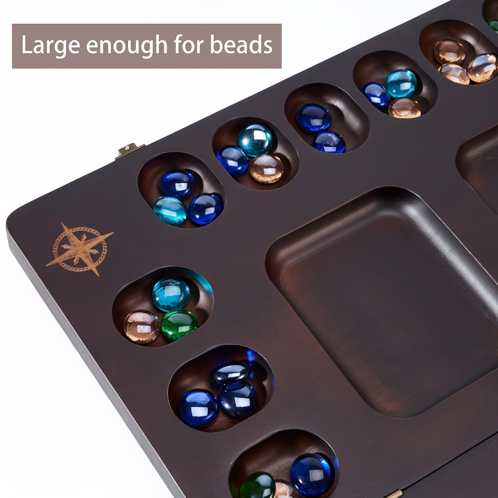4-Player Mancala Game Set – Premium Solid Wood Folding Board with 108 Multi-Color Glass Stone Beads & Instructions
