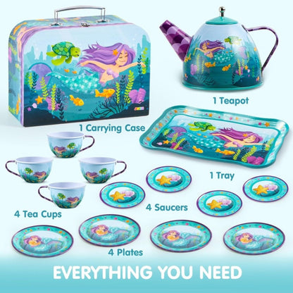 Mermaid Tea Party Set for Girls 21pcs, Tin Teapot, 4 Cups, Saucers, Plates & Carrying Case, Pretend Play Kitchen Toy for Toddlers