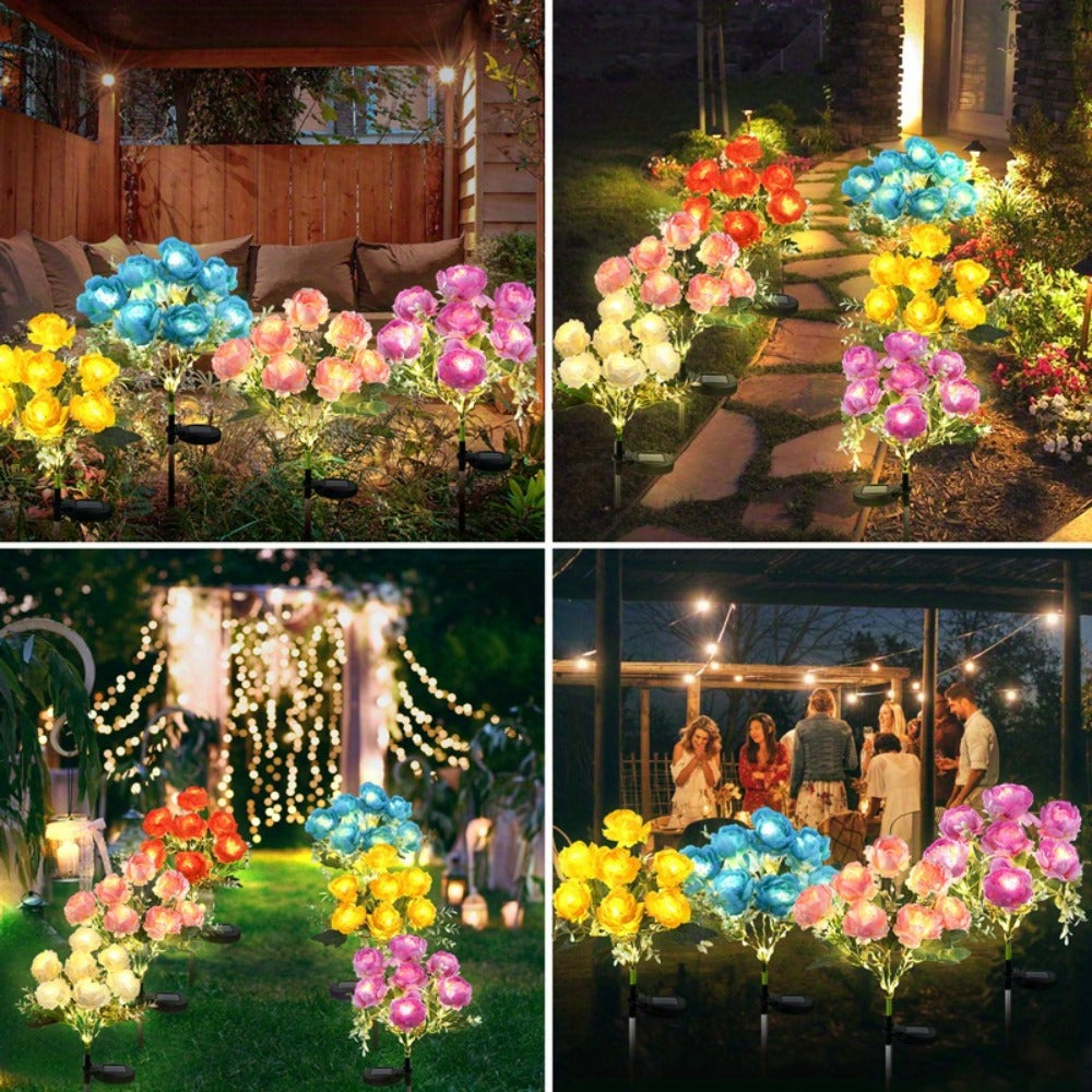 Solar Garden Lights 2-Pack Peony Flower Stakes, 84 LEDs, IP65 and Four Bloom Colors for Yard Decor