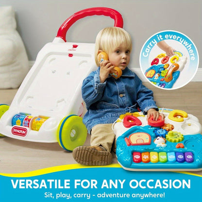 Sit to Stand Baby Push Walker 2-in-1 Adjustable Speed Learning Walker Detachable Play Panel 7-Mode Piano Light-Up Buttons Sound Effects