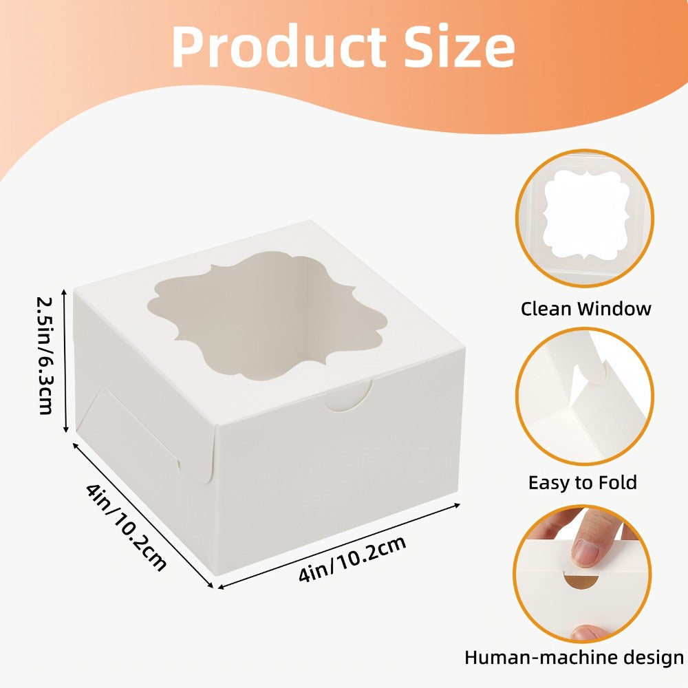 150-Pack White Treat Boxes with Scalloped Window, 4 x 4 x 2.5-Inch Size and Fold-Flat Design