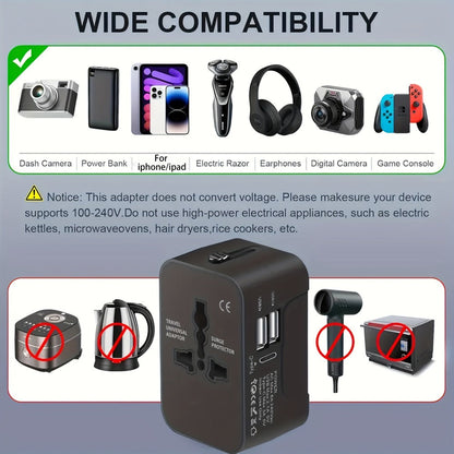 Universal Travel Adapter with Surge Protection - 2 USB & Type-C Ports, All-in-One International Plug for 350+ Countries