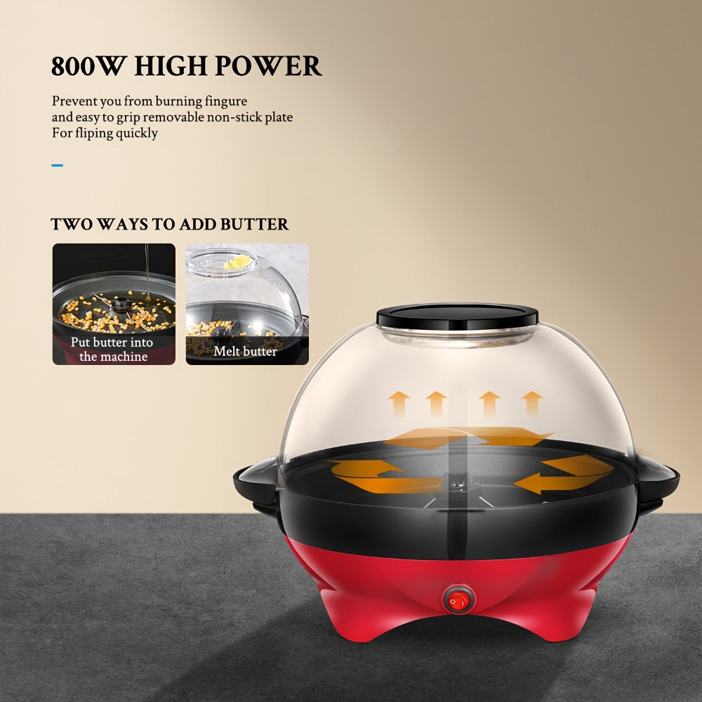 Popcorn Machine 800W Electric Stirring Popcorn Maker – 6-Quart Non-Stick Plate, Quick-Heat Technology, Cool-Touch Handles