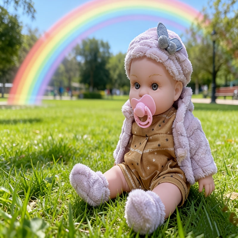 Pink Baby Doll with Open-Eye Face, Pacifier and Textured Outfit Across Three Checkout Style Labels