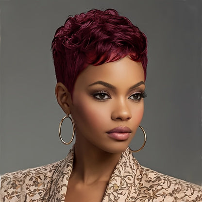 Synthetic Wig 4-Inch Wavy Pixie Cut with Bangs in Dark Brown, Deep Purple or Burgundy for Cosplay
