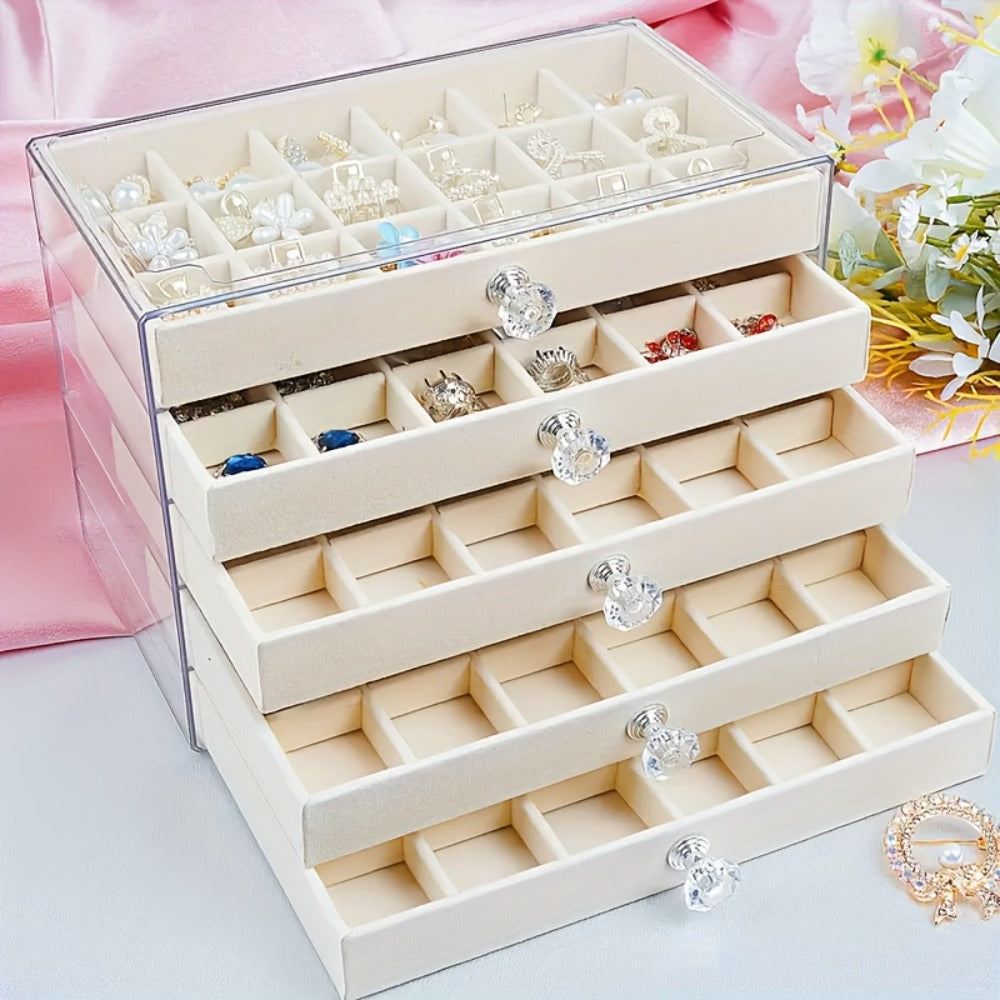 Jewelry Organizer 5-Tier 56-Grid Drawer Box in Gray or Beige for Rings, Earrings, Brooches and Hair Clips