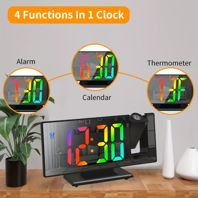 Color-Screen Projection Alarm Clock with 180-Degree Rotating Projector, Temperature Display and Snooze