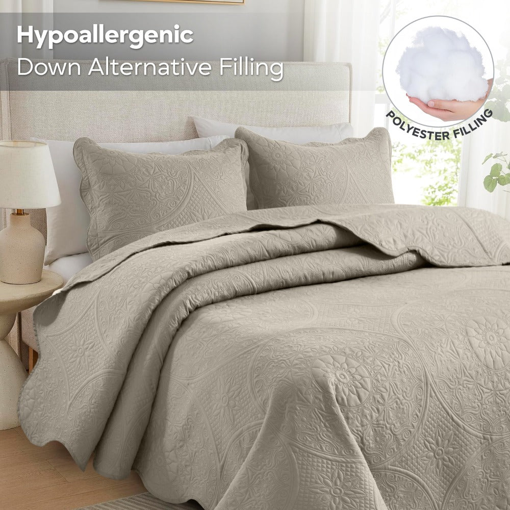Floral-Pattern Three-Piece Bedspread Set in 16 Colors with Twin, Queen, King and California King Sizes